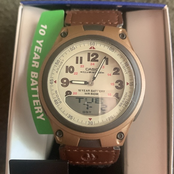 NIB Casio men’s watch. Tan & brown. Adjustable Velcro strap. Face approx 1 1/2” - Picture 2 of 11